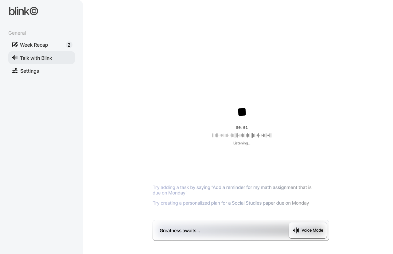 Blink dashboard interface showing voice mode with waveform visualization